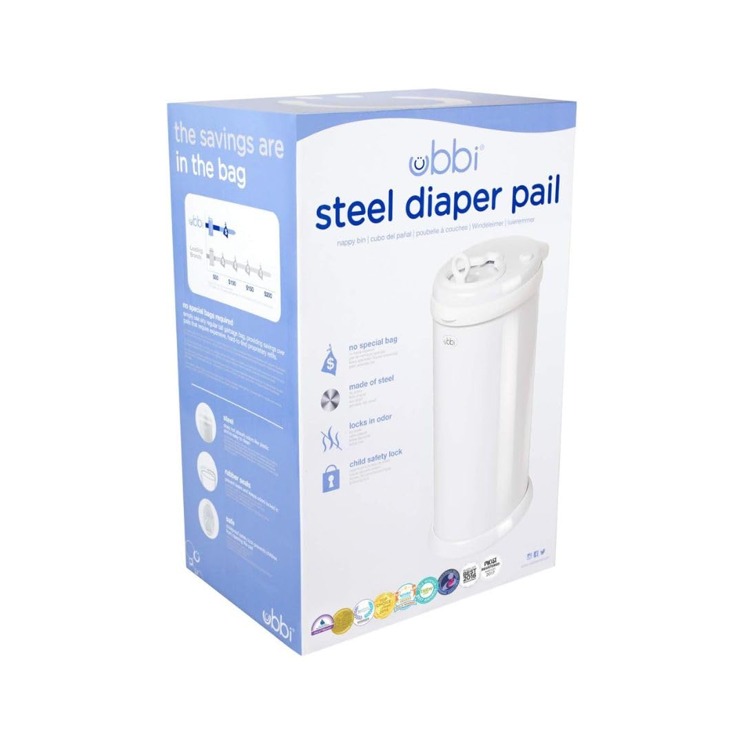 Ubbi Steel Diaper Pail, Odor Locking, No Special Bag Required, Award-Winning, Registry Must-Have, White