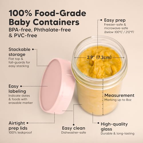 KeaBabies 4pk 8oz & 4pk 4oz Glass Baby Food Containers with Lids - Leak-Proof,Microwavable Small Glass Jars,Baby Purees & Toddler Snack Storage Containers,BPA-Free,Dishwasher & Freezer Safe(Musk Dusk)