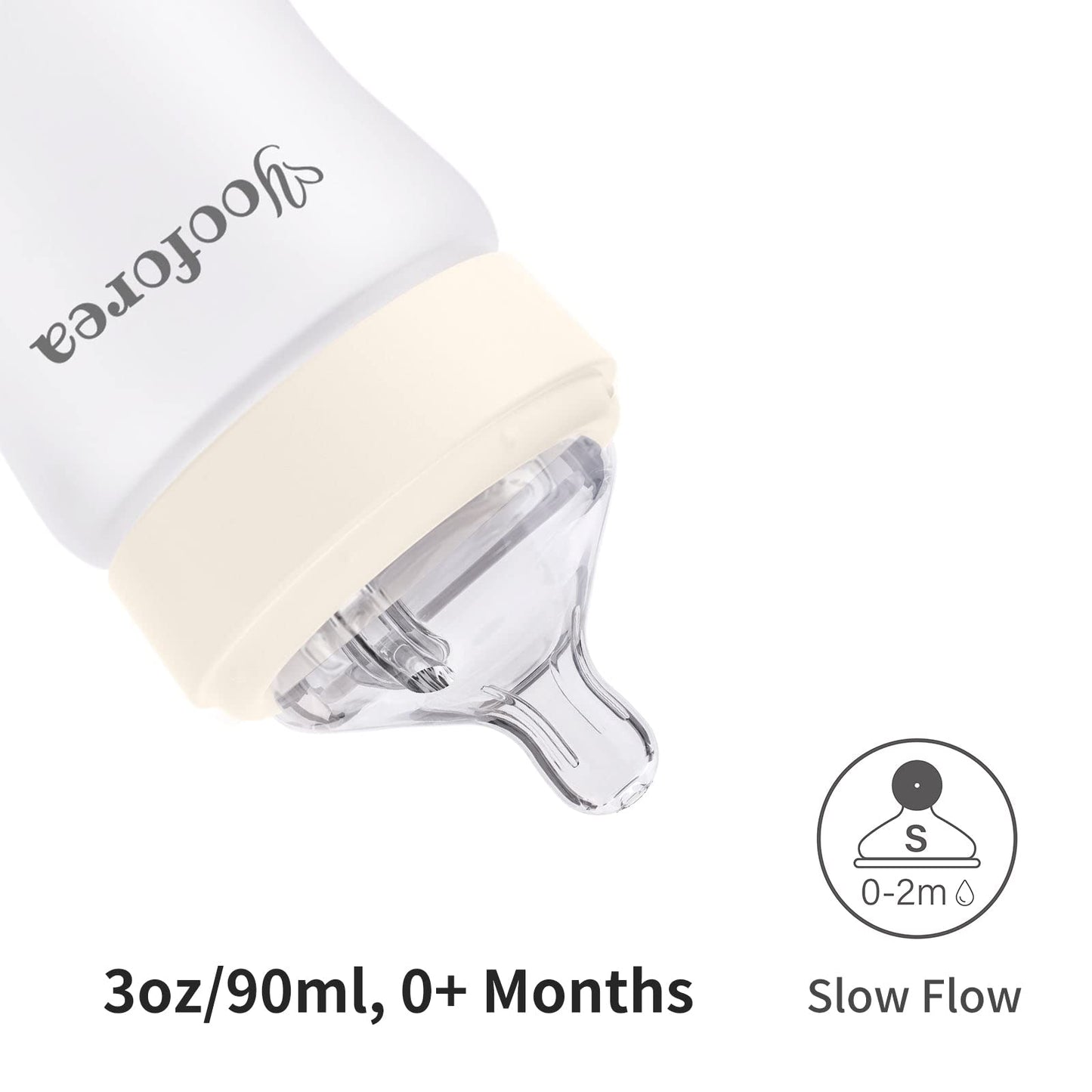 Yooforea Silicone Coated Glass Baby Bottle, 0M+ Slow Flow Nipple I Anti-Colic, Wide Neck, Stable Base I Medical-Grade Silicone Coating for Shatter Protection, BPA BPS PVC Free (3 Ounce-Honey)