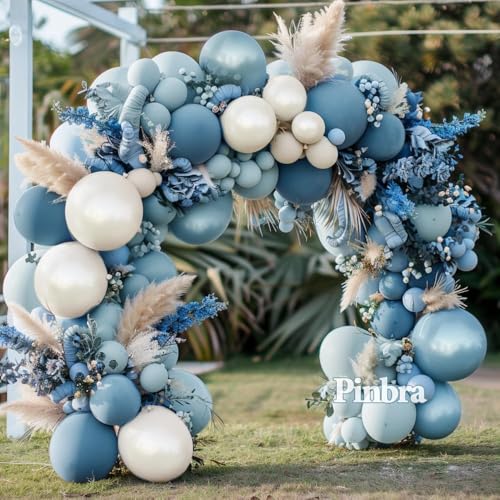 Dusty Blue Balloon Garland Double Stuffed Slate Pastel Blue White Sand Pearl Balloon Arch Kit for Baby Shower Birthday Bridal Shower Wedding Graduation Party Decorations