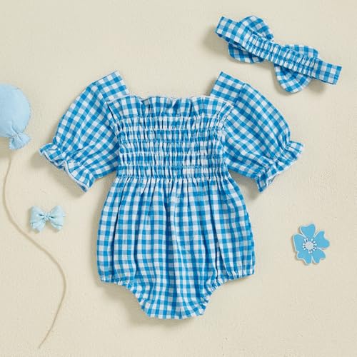 Infant Baby Girls Romper Ruffle Sleeve Pleated Smocked Bubble Plaid One Piece Ruched Jumpsuit Summer Bodysuit