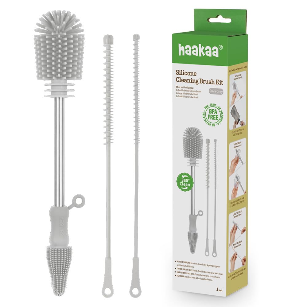 Haakaa Silicone Cleaning Brush Kit – Household Cleaning Brushes for Bottles and Crevices – Food-Grade Silicone: Dishwasher Safe (Brush-Blush)