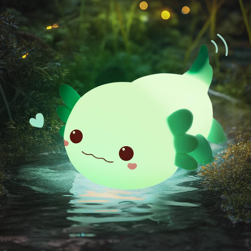 Huggwaii Squishy Axolotl Night Light for Kids – Dimmable Silicone Axolotl Lamp, 2025 Upgraded Baby Night Light, Rechargeable, 20H Battery Life, Sleep Aid Gift for Toddlers, Girls&Room Decor