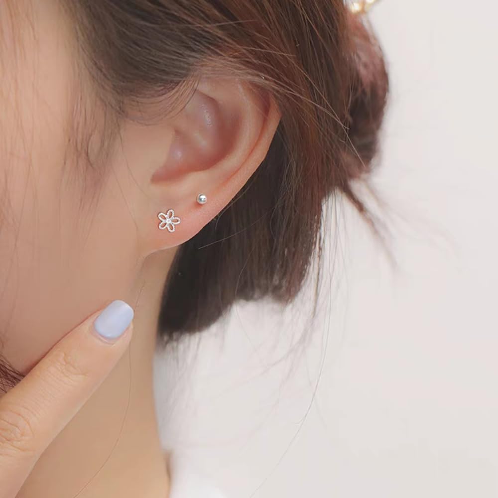 18G Daisy Flower Stud Cartilage Earrings for Women Girls 925 Sterling Silver CZ Tiny Cute Floral 3mm Ball Barbell Screw Back Studs Sleeper Tragus Post Hypoallergenic Piercing Body Jewelry Gifts