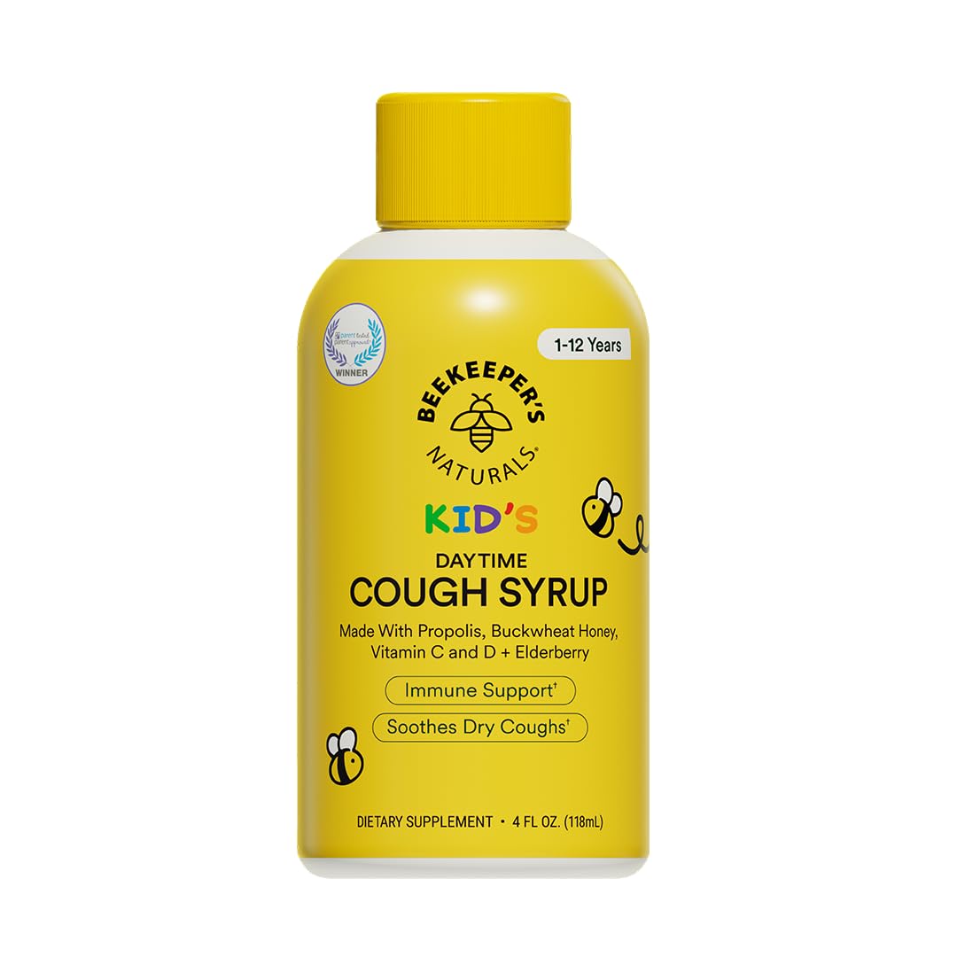 Beekeeper's Naturals Propolis Honey Cough Syrup Daytime for Kids Immune Support with Elderberry, Vitamin C, Vitamin D & Raw Honey - Throat Soothing - Gluten Free & Clean Ingredients, 4 oz.