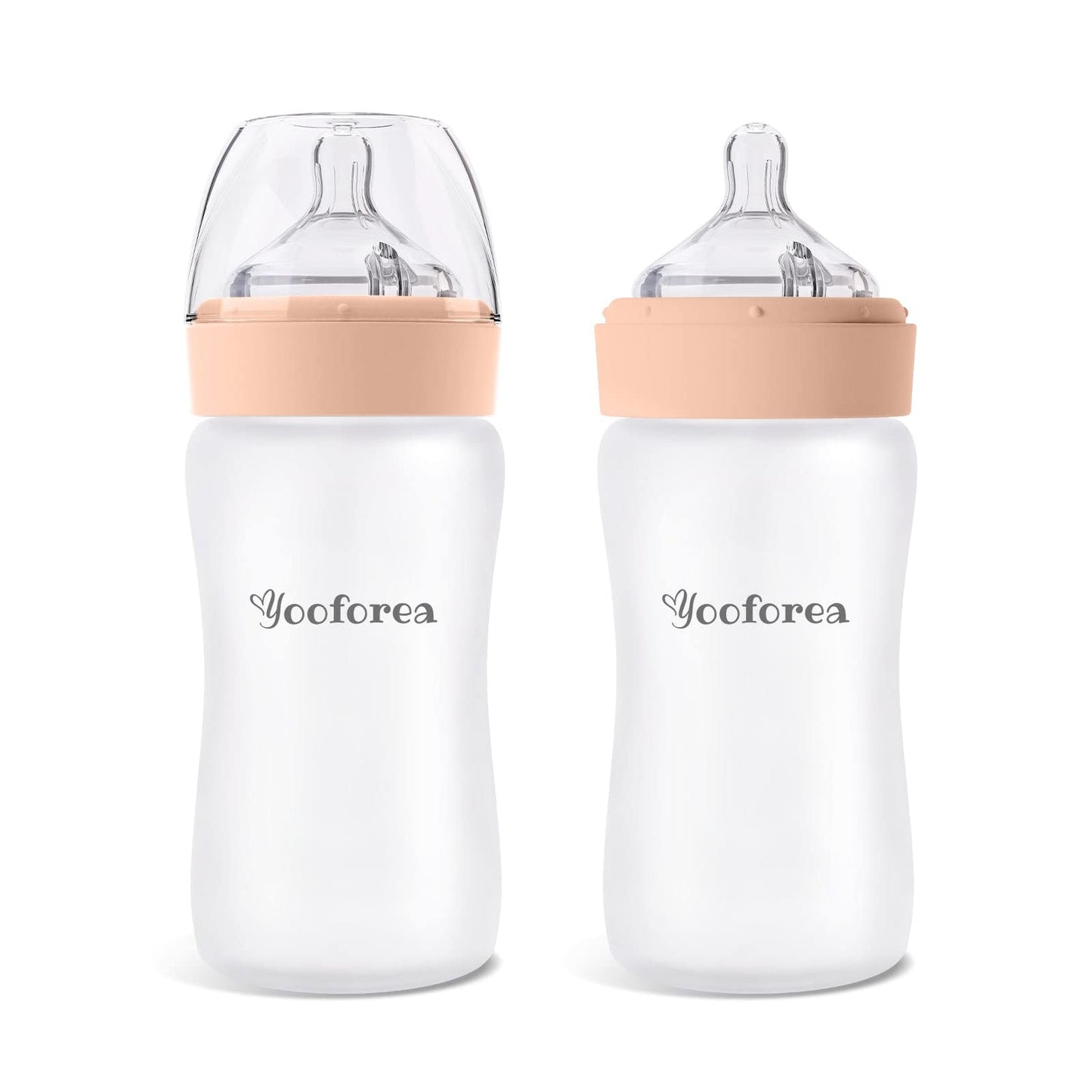 Yooforea Silicone Coated Glass Baby Bottle, 0M+ Slow Flow Nipple I Anti-Colic, Wide Neck, Stable Base I Medical-Grade Silicone Coating for Shatter Protection, BPA BPS PVC Free (3 Ounce-Honey)