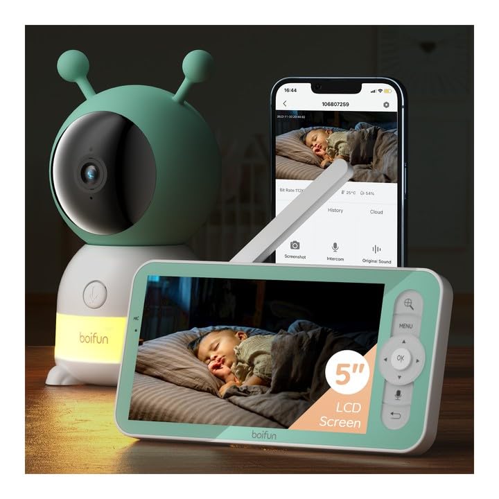 BOIFUN 2K WiFi Baby Monitor with Camera and Audio,Smartphone APP, Colorful Night Light, Smart AI Motion & Sound & Humidity & Temperature Detection, Auto Tracking,5-Inch Monitor Control, Night Vision