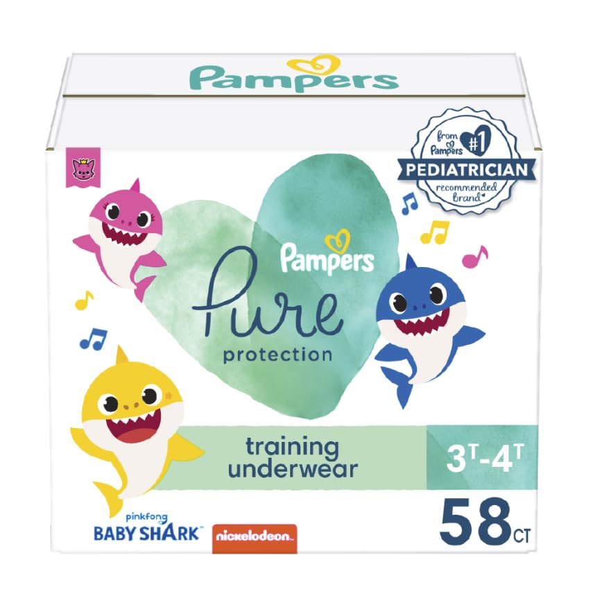 Pampers Training Pants - Pure Protection - Size 2T-3T, 60 Count, Baby Shark Premium Hypoallergenic Potty Underwear
