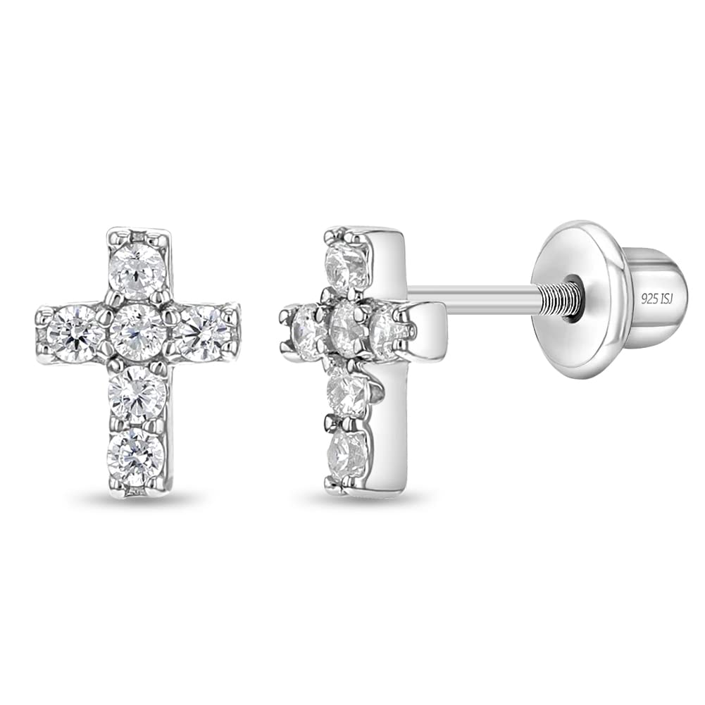 925 Sterling Silver Cubic Zirconia Little Cross Shape Stud Earrings with Safety Screw Back Lock for Toddlers, Little Girls, Pre-Teens & Teens - Christian Jewelry for Sweet & Loving Children