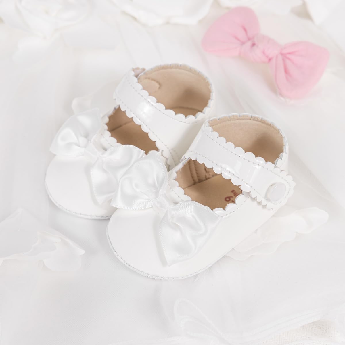 Meckior Newborn Baby Girls Dress Shoes Infant Bowknot Soft Sole Mary Jane Moccasins Baptism Christening Crib Shoes Wedding Princess Flats