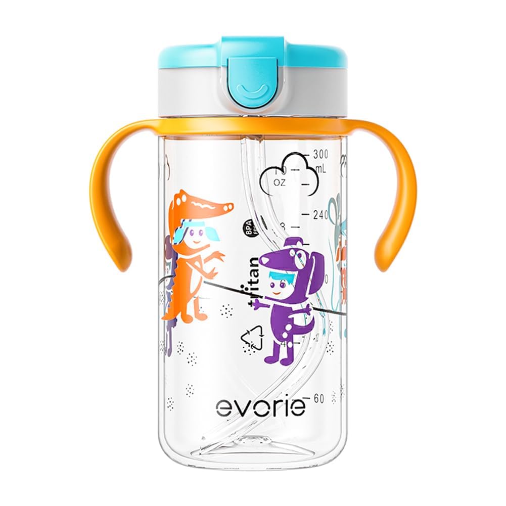 Evorie Tritan Spill Proof Toddler Straw Sippy Cup, 10 oz for Baby and Toddlers 1-3 Years Old, No Spill Straw Water Bottle with Removable Handles, Ideal for School, BPA-Free, Pink Rabbit