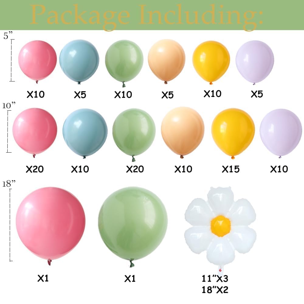 Daisy Pastel Balloon Garland Kit 157pcs Pastel Macaron Balloon Arch Kit with Flower Mylar Balloon for Boho Mothers Day Spring Daisy Floral Theme Two Groovy Party Decoration