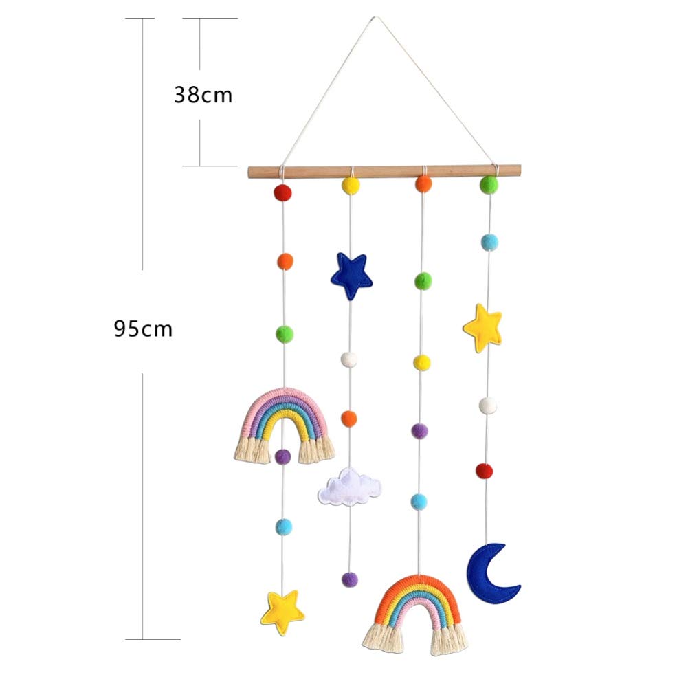 Macrame Rainbow Wall Hanging for Nursery Room,URMAGIC Rainbow Hanging Photo Display with Pom Pom Ball and 25 Photo Clips,Wood Mobile Bed Bell with Moon,Cloud and Stars,Baby Crib Hanging Toys
