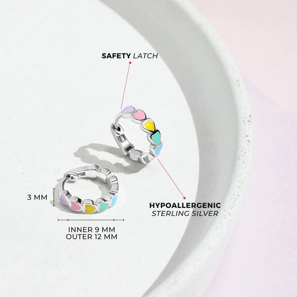 925 Sterling Silver Tiny Heart Enamel Huggie Hoop Earrings - Multicolored Heart Themed Hoops