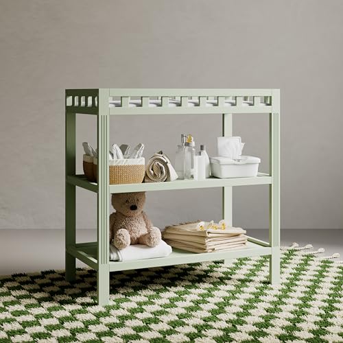 Storkcraft Morningside Changing Table (Sage) – GREENGUARD Gold Certified Baby Changing Table, Includes Waterproof Diaper Changing Pad, Easy 30-Minute Assembly, 2 Open Shelves for Storage
