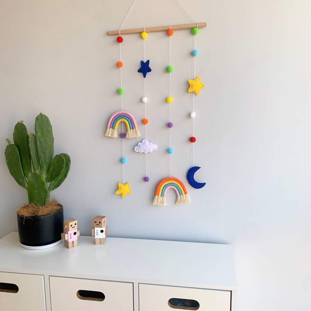 Macrame Rainbow Wall Hanging for Nursery Room,URMAGIC Rainbow Hanging Photo Display with Pom Pom Ball and 25 Photo Clips,Wood Mobile Bed Bell with Moon,Cloud and Stars,Baby Crib Hanging Toys