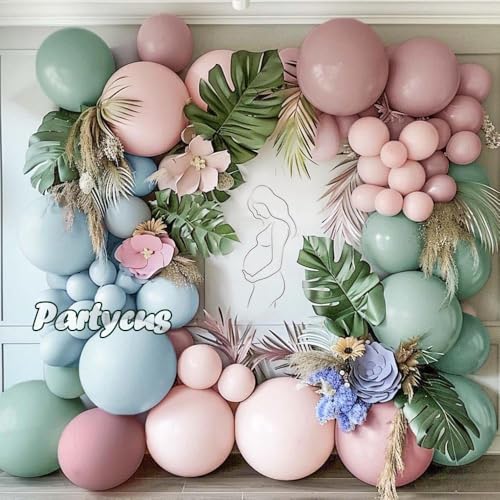 Pink Blue Green Balloon Garland Double Stuffed Dusty Light Green Baby Blue Blush Mauve Latex Pastel Balloon Arch Kit for Boho Baby Shower Gender Reveal Bear Birthday Floral Party Decoration