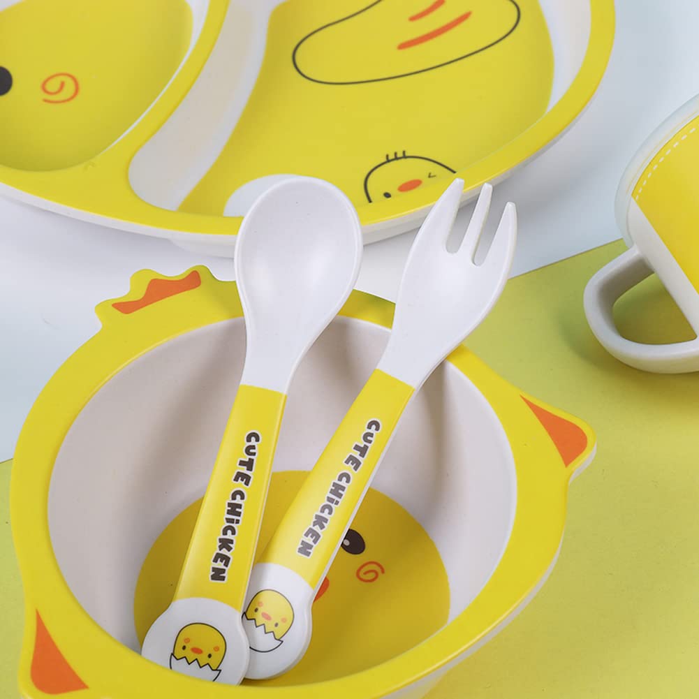 Bamboo Kids Dinnerware Set 5 Pcs Includes Plate Bowl Cup Fork Spoon Perfect for Kids BPA-Free (Little Dinosaur)
