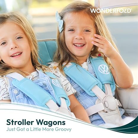 WONDERFOLD W4 Luxe Quad Stroller Wagon Featuring 4 High Face-to-Face Seats with Magnetic Buckle 5-Point Harnesses and Adjustable/Removable UV-Protection Canopy, Hunter Green