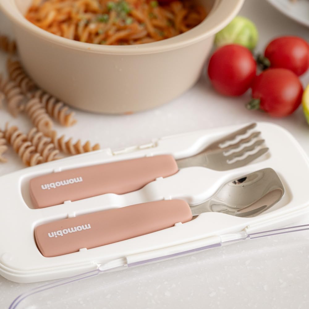 MOMOBIN Toddler Utensils - Stainless Steel Fork & Spoon Set, Made in Korea, 100% Silicone Easy-Grip Handles with Storage Case, Dishwasher Safe for Kids, Baby, School Lunch, Travel & Outdoors