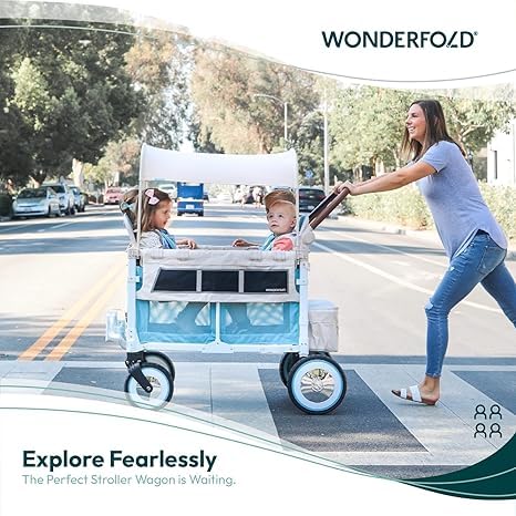 WONDERFOLD W4 Luxe Quad Stroller Wagon Featuring 4 High Face-to-Face Seats with Magnetic Buckle 5-Point Harnesses and Adjustable/Removable UV-Protection Canopy, Hunter Green
