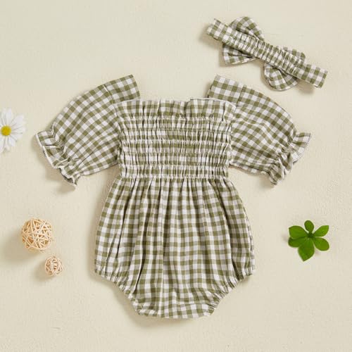 Infant Baby Girls Romper Ruffle Sleeve Pleated Smocked Bubble Plaid One Piece Ruched Jumpsuit Summer Bodysuit