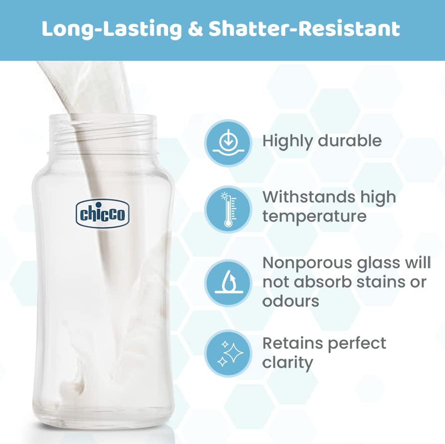 chicco Well-Being Glass Feeding Bottle (240ml, Medium Flow) (Blue)