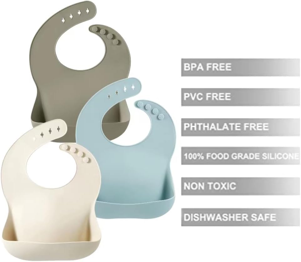 PandaEar Silicone Baby Bibs Set of 3 for Toddlers, BPA Free Waterproof Adjustable Feeding Bib with Large Pocket Food Catcher