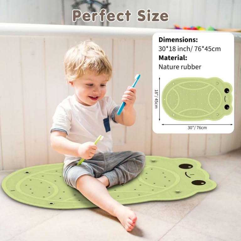Bath Mat for Tub Non Slip Baby, Kids Bathtub Mat, 30"x18" Bath Mat for Baby, Natural Rubber no Odors, Textured Surface and Strong Suction Cups for Double Anti-Slip, Easy to Clean, Green