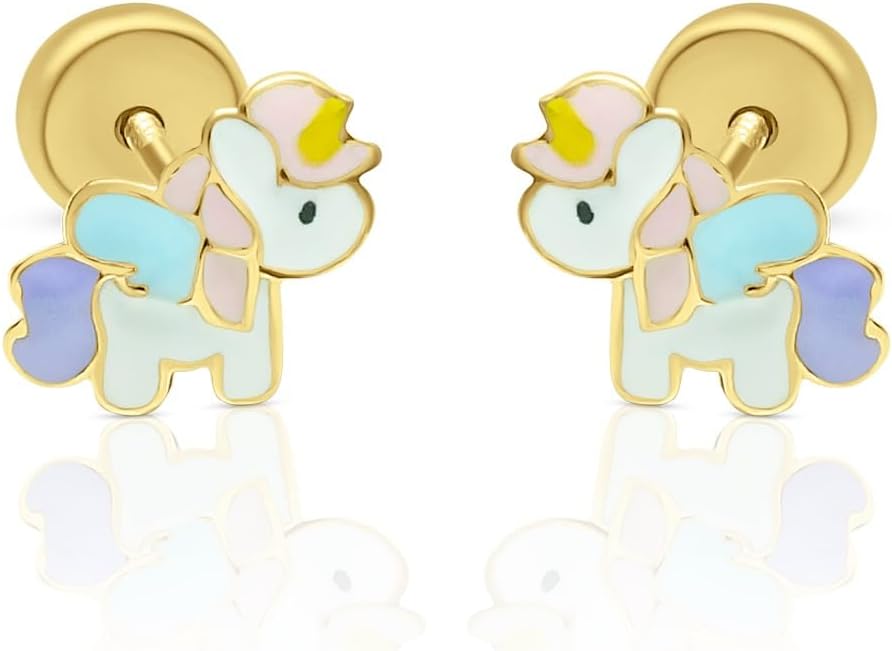 Five Star Jewelers 14k Solid Gold Unicorn Stud Earrings for Girls - Hypoallergenic Kids Jewelry with Secure Screw Back - Adorable Vibrant Enamel Design - Little Girl Earrings - Gift Box