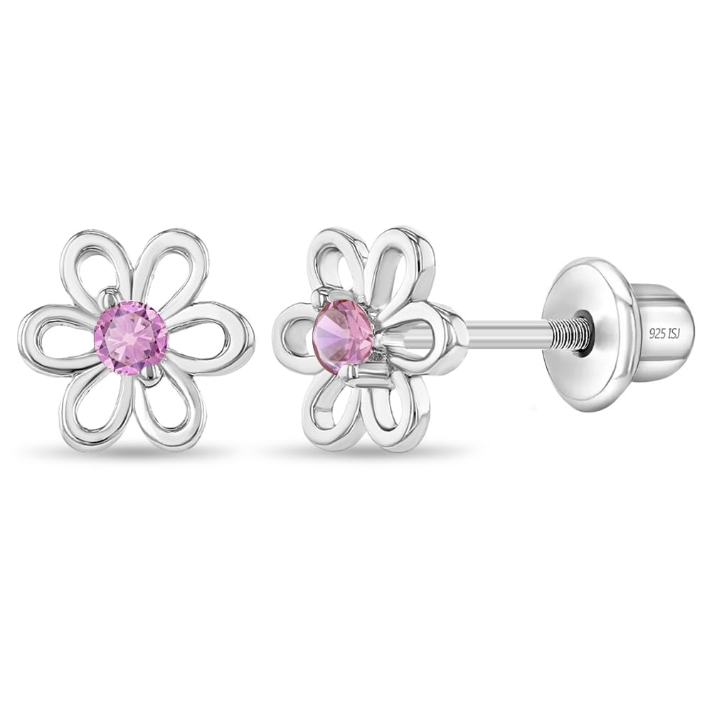 925 Sterling Silver CZ Flower Earrings - Hypoallergenic Screw Back Earrings for Girls & Toddlers - Lightweight, 7mm Flower Design