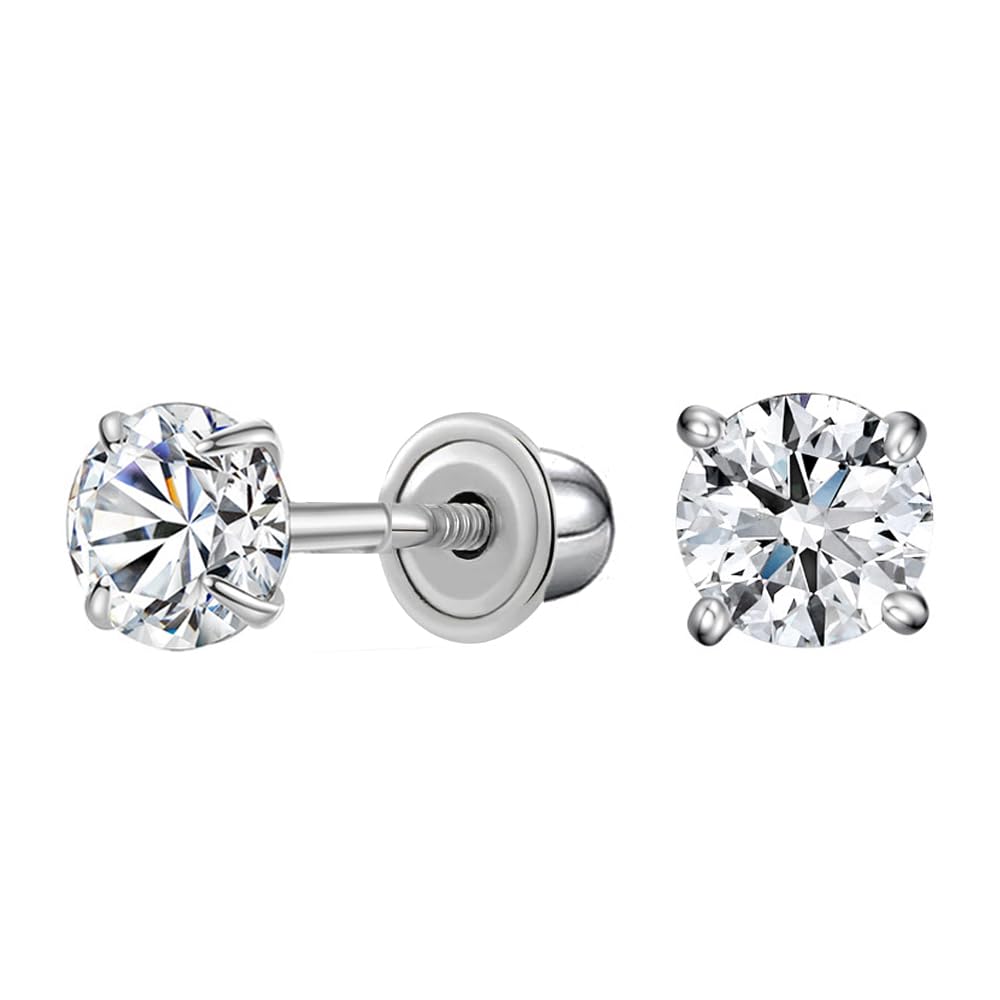 14K Yellow Gold Round Cubic Zirconia Stud Earrings, Classic Solitaire Design with Secure Screw-Back Closure, Versatile Sizes