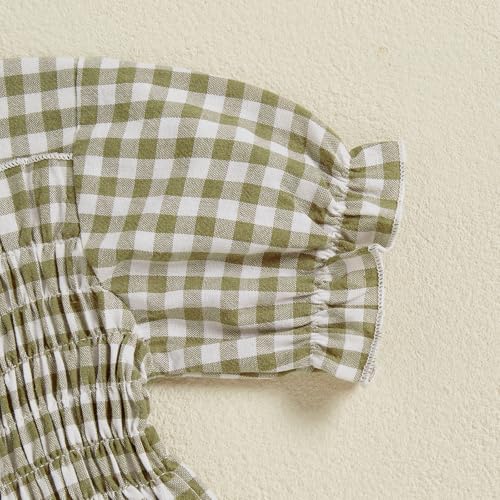 Infant Baby Girls Romper Ruffle Sleeve Pleated Smocked Bubble Plaid One Piece Ruched Jumpsuit Summer Bodysuit