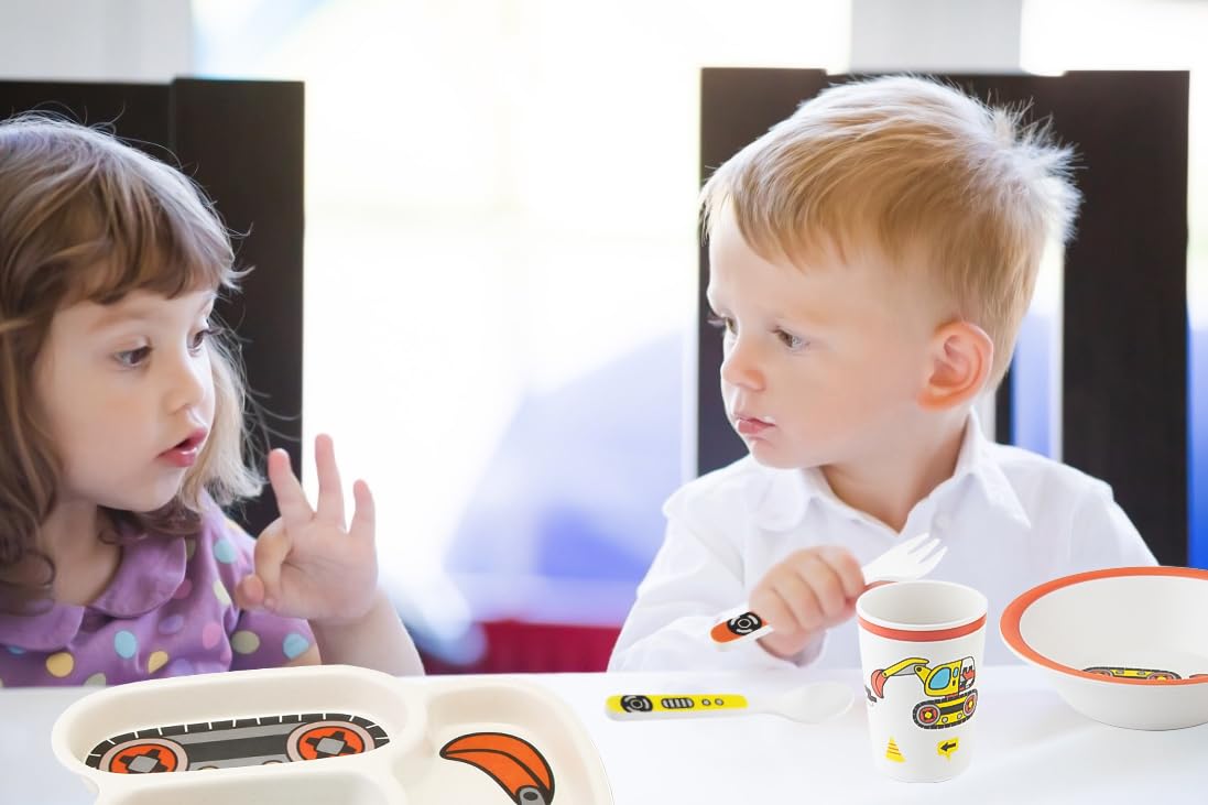 Kids Plate Set, Included Fork and Spoon 3-Piece Set - Toddler Dinnerware Dinner Dish Set - Baby Feeding Divided Plate - Child Portion Control Dish Tray (Excavators)