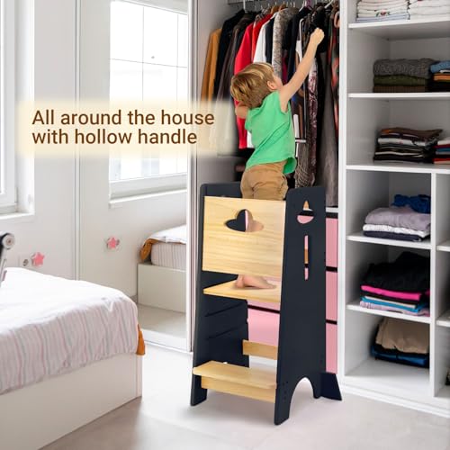 COSYLAND Toddler Standing Tower Adjustable Height - Super Stable Kids Kitchen Stool Helper - 3 Levels Adjustable Wooden Toddler Kitchen Stool (Natural & Navy Blue)