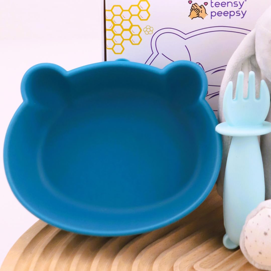 Bear Silicone Baby Bowl Suction Baby Spoon and Fork for Babies 6 months+ Suction Bowls for Baby Utensils 6-12M+ BLW Essentials (Peach Lilac)