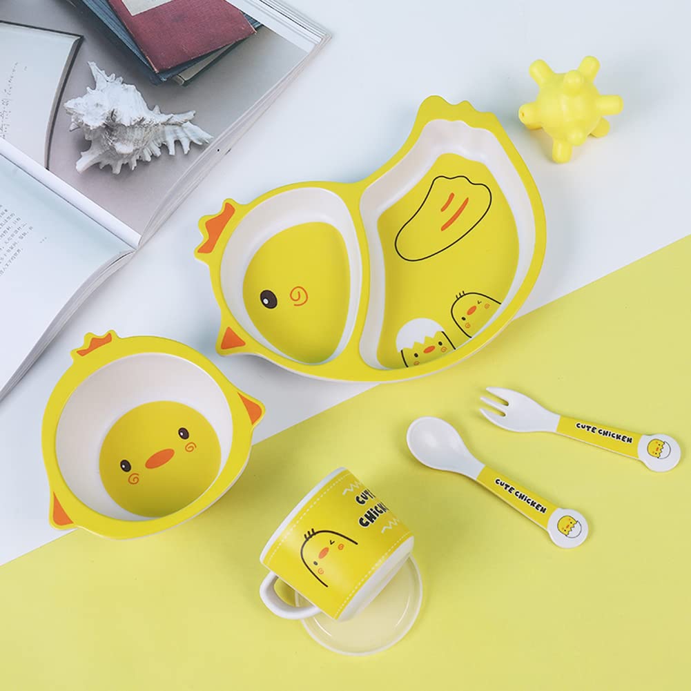 Bamboo Kids Dinnerware Set 5 Pcs Includes Plate Bowl Cup Fork Spoon Perfect for Kids BPA-Free (Little Dinosaur)
