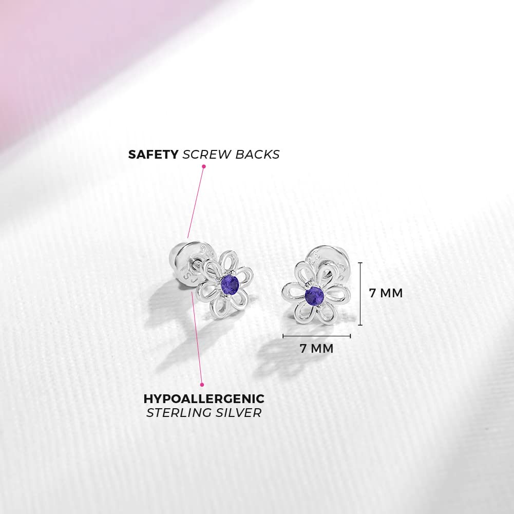 925 Sterling Silver CZ Flower Earrings - Hypoallergenic Screw Back Earrings for Girls & Toddlers - Lightweight, 7mm Flower Design