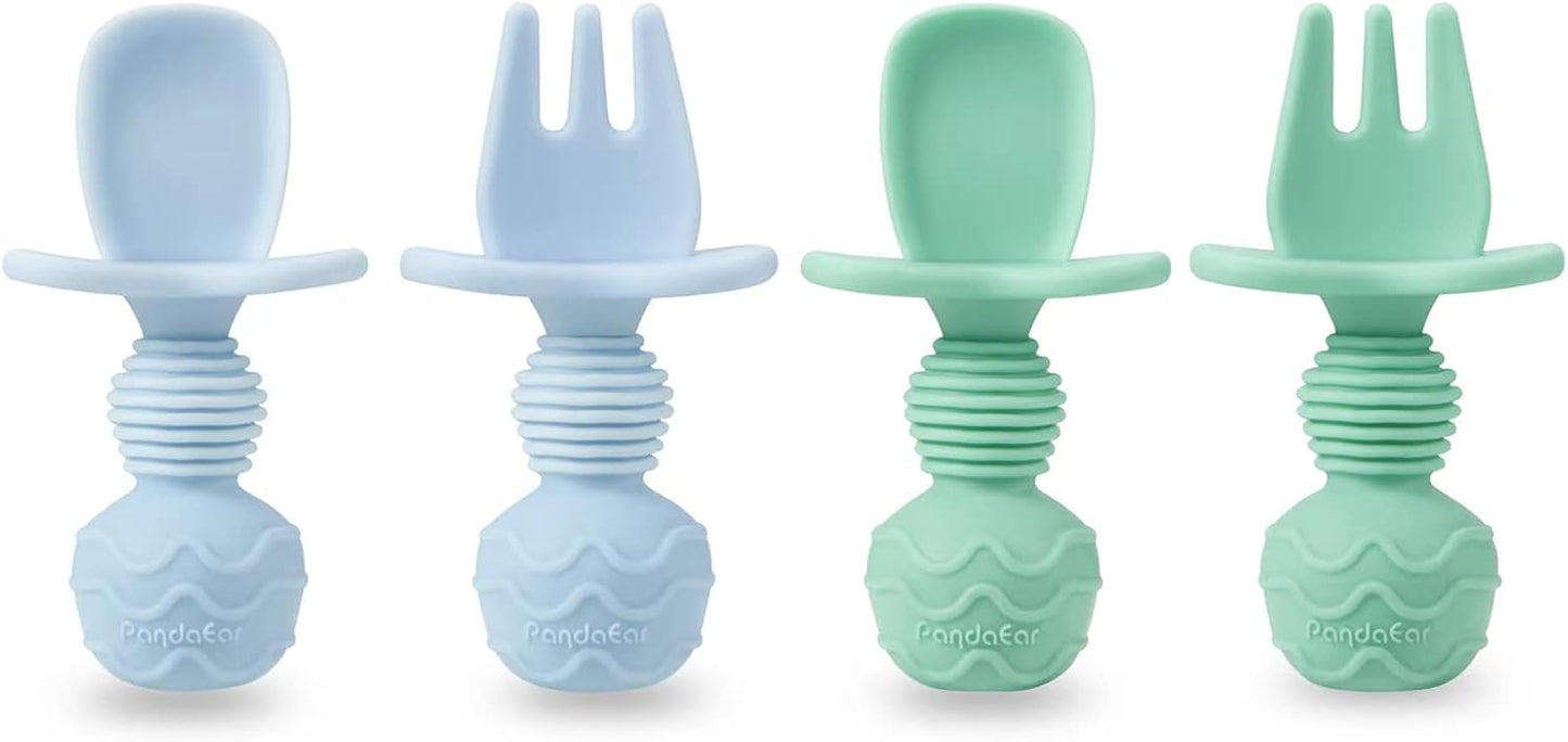 PandaEar 4 Pack Silicone Baby Spoons and Fork Feeding Set- Anti-Choke First Self Feeding Utensils for Baby Led Weaning Ages 3 Months (Cyan+Blue)