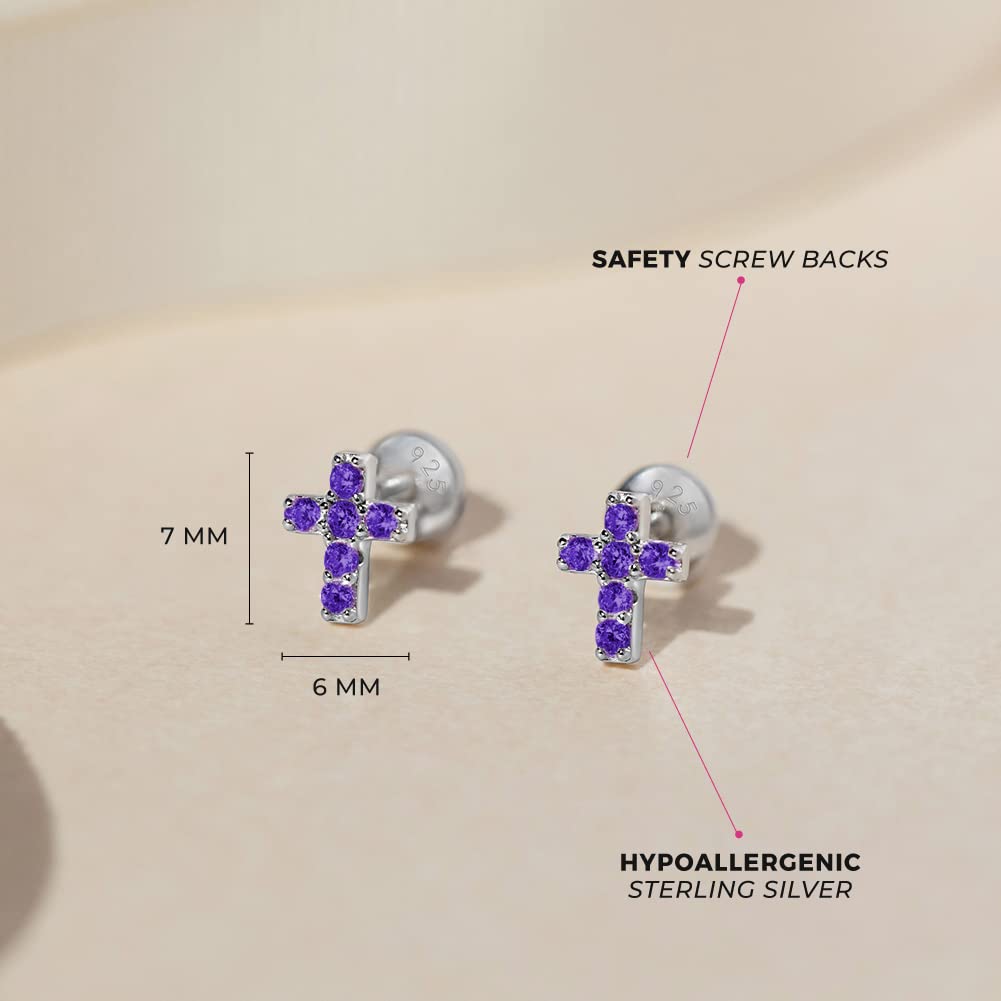 925 Sterling Silver Cubic Zirconia Little Cross Shape Stud Earrings with Safety Screw Back Lock for Toddlers, Little Girls, Pre-Teens & Teens - Christian Jewelry for Sweet & Loving Children