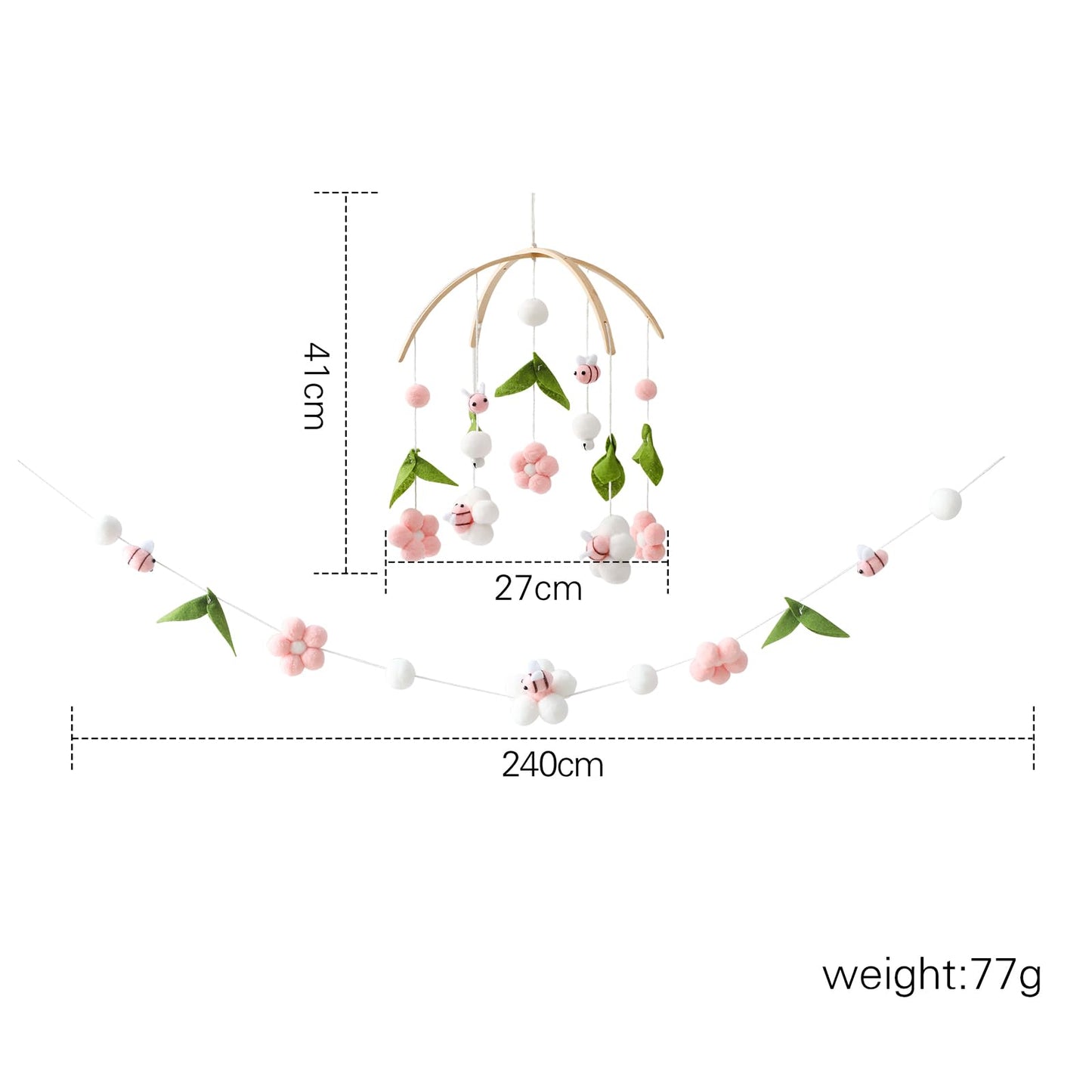 OESSUF Baby Mobile for Crib, Crib Nursery Mobile for Boys Girls, Boho Bee Flower Nursery Decor Soothe Toy Baby Shower Set for Infant Bedroom Hanging Decoration Toy, Pink