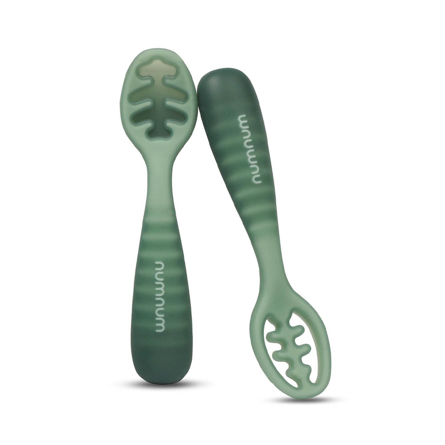 NumNum Baby Spoons Set, Baby Essentials Pre-Spoon GOOtensils for 6+ Months, First Stage Self-Feeding Spoons for Baby Led Weaning (BLW), Silicone Toddler Utensils, BPA-Free, 2 Pack Frosty Lilac/Rosebud
