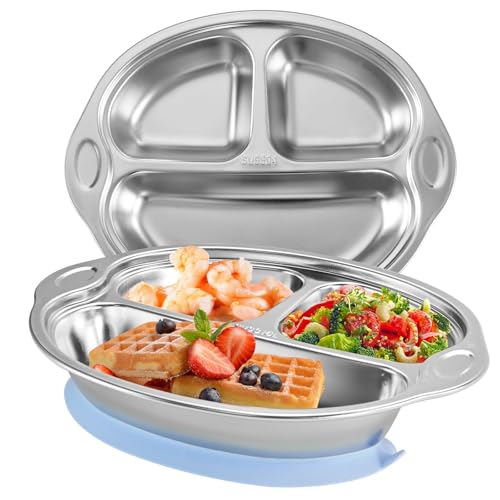 Mrs. Chou® Stainless Steel Baby Suction Plates Divided Designed for Babies and Toddlers, Made of 100% Food-Grade Materials Ideal for Baby-Led Weaning BPA-Free Toddler Feeding Supplies Dishwasher Safe