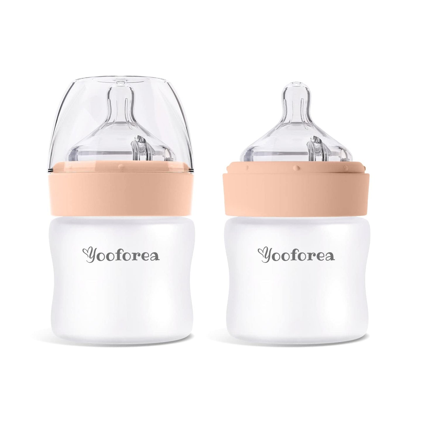 Yooforea Silicone Coated Glass Baby Bottle, 0M+ Slow Flow Nipple I Anti-Colic, Wide Neck, Stable Base I Medical-Grade Silicone Coating for Shatter Protection, BPA BPS PVC Free (3 Ounce-Honey)