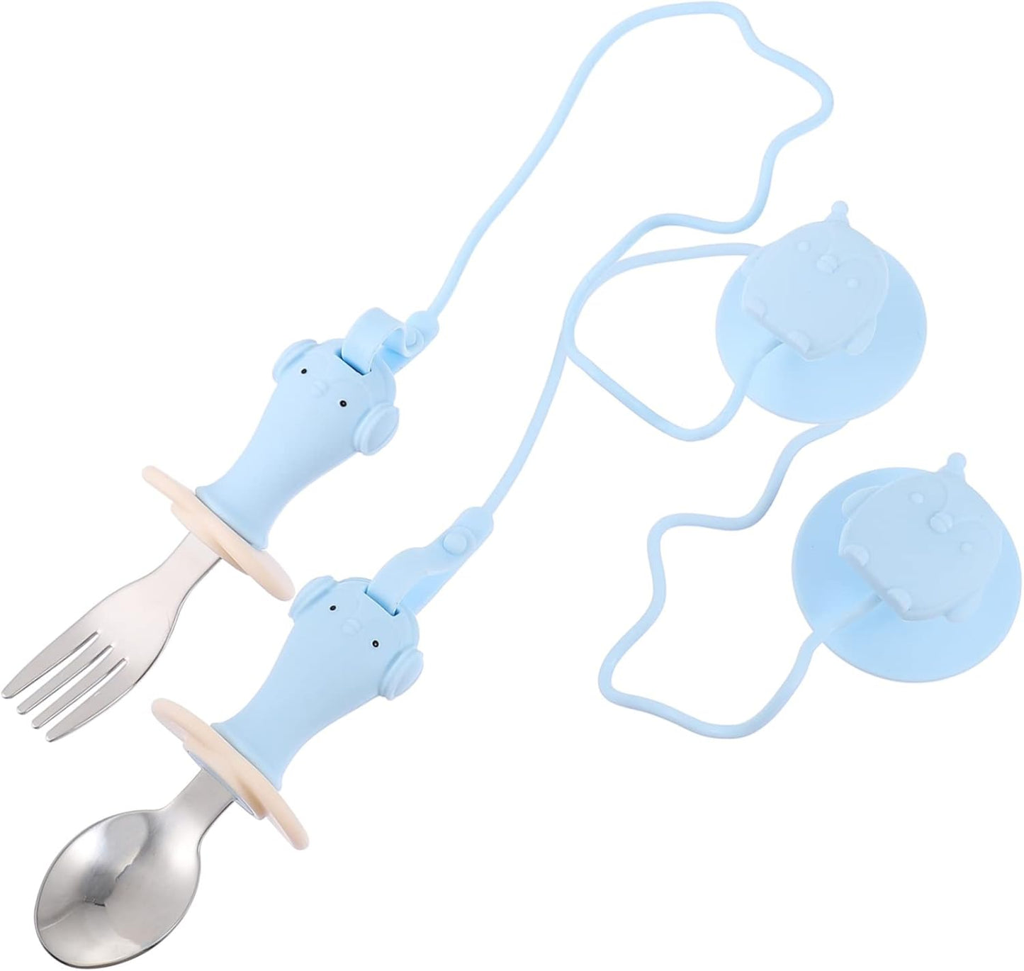 Toddler Fork Spoon Set Baby Cutlery Set Baby Training Utensils Anti-drop Rope Suction Cup 2 Pieces
