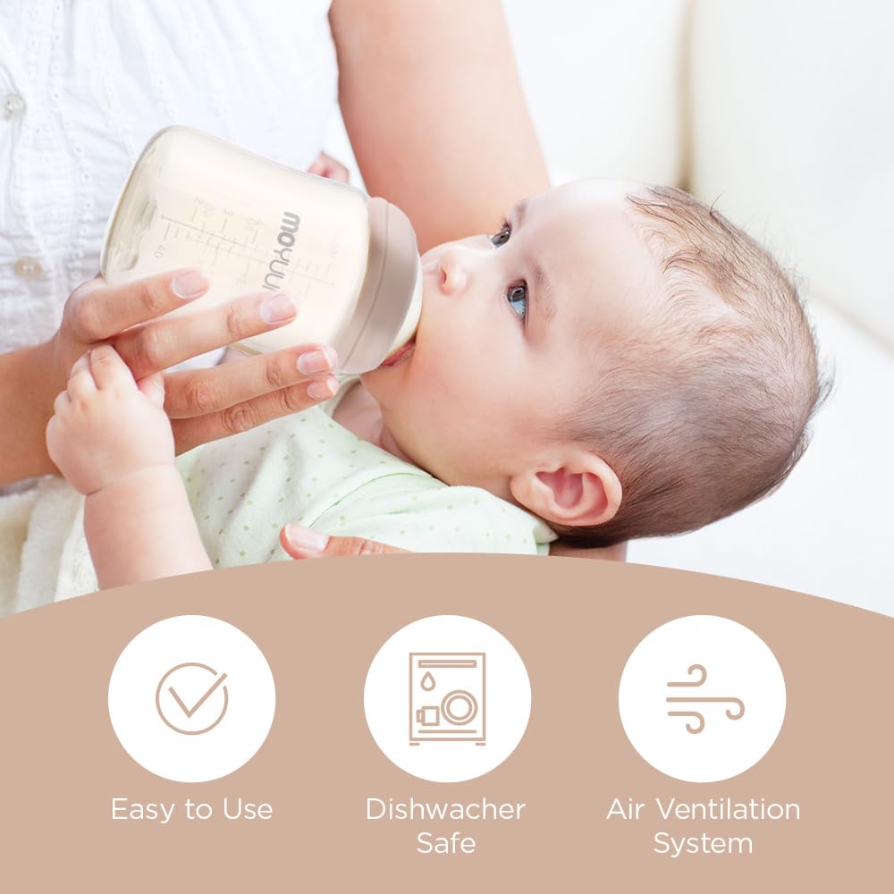 Anti-Colic All in One Baby Bottle Double Set for 0-6M PPSU Breastfeeding, Wide-Neck Non-Tip Stable Base, Easy to Clean Natural 170ml, 6oz, Stage 1 (Slow Flow)