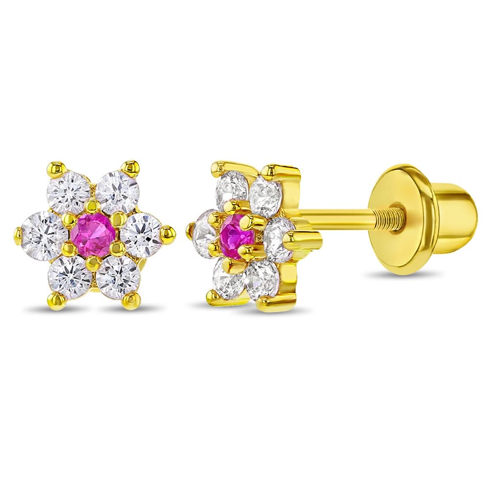 Gold Plated Cubic Zirconia Flower Safety Screw Back Earrings for Babies and Toddlers 5mm - Delicate and Sparkling Flower Earrings for Little Girls - Lovely Floral Studs