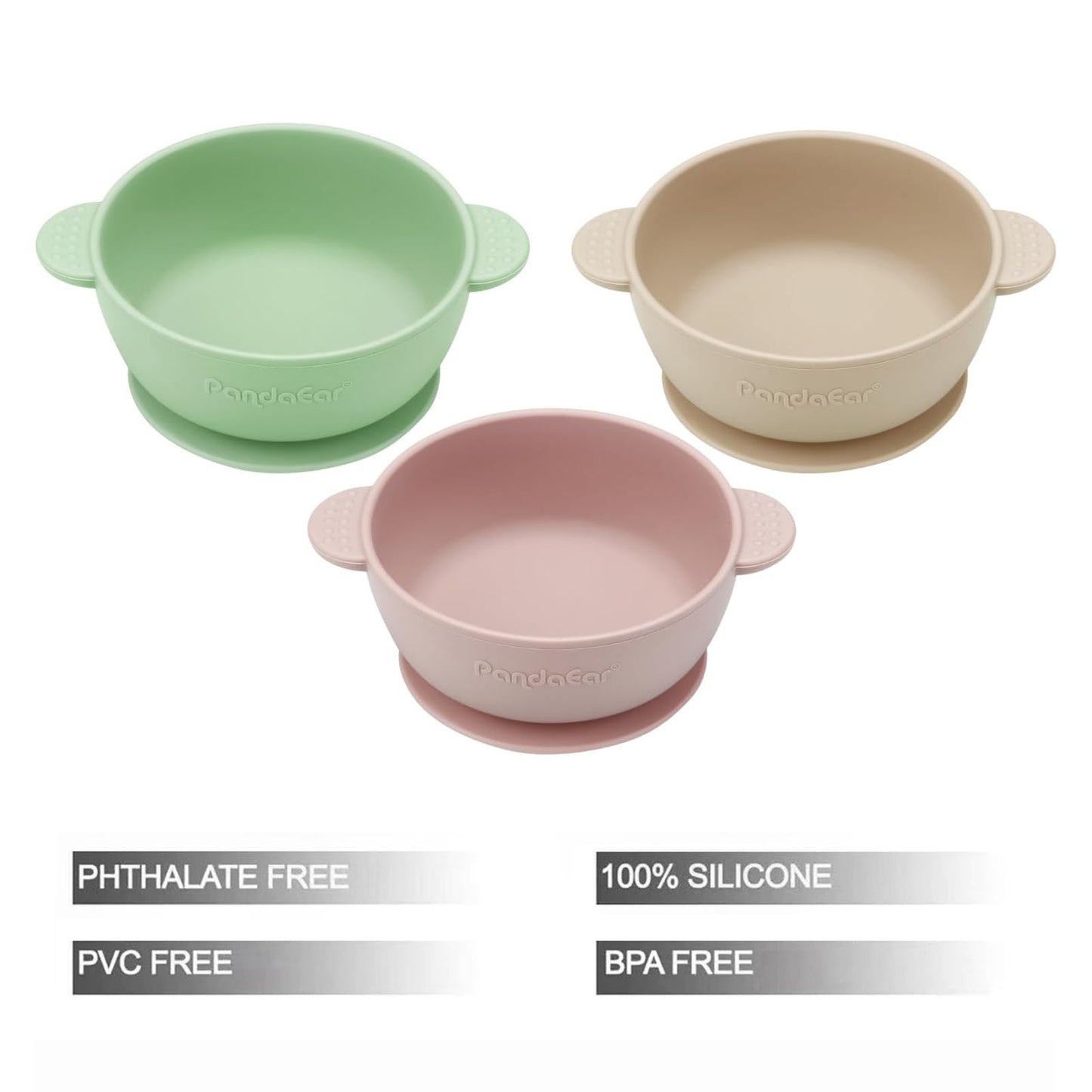 PandaEar 3 Pack Baby Bowls with Suction| Stay Put Silicone Food Bowl for Babies Kids Toddlers Infants| Food Grade Soft Safe BPA-Free Silicone (Pink)