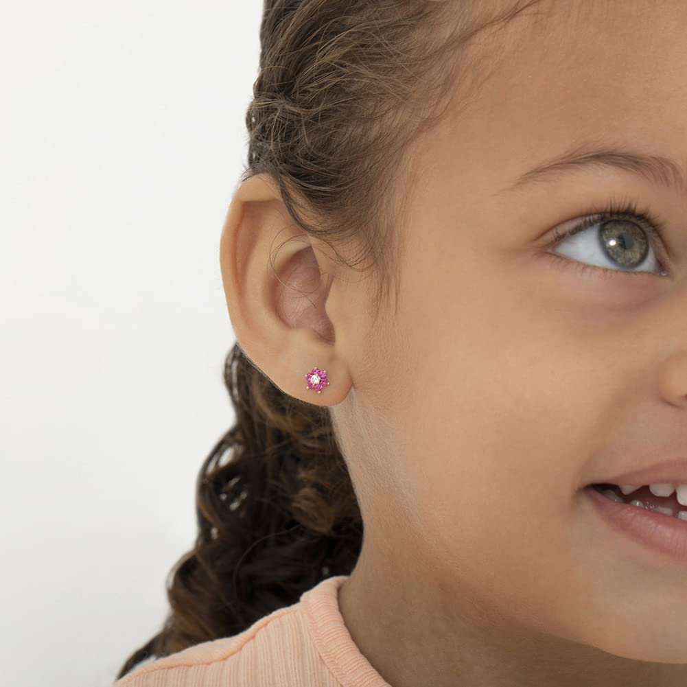 14k Yellow Gold Colorful Cubic Zirconia Flower Studs - Screw Back Earrings for Toddlers & Little Girls - Casual & Sparkly Flower Earrings for Children
