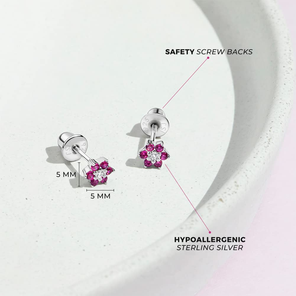 925 Sterling Silver Kids Earrings with 5mm Flower & Screw Backs for Young Girls - Dainty CZ Flower Screw Backs for Toddlers and Little Girls - Cubic Zirconia Floral Studs for Children